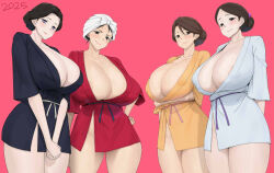 2025 4girls areola_slip arms_behind_back blush breasts character_request cleavage copyright_request crossover dated hand_on_own_hip huge_breasts japanese_clothes kaze_tachinu kimetsu_no_yaiba kimono libre looking_at_viewer mature_female mononoke_hime mrs._kurokawa multiple_girls naked_kimono nipples_visible_through_shirt pink_background simple_background smile smirk tamayo_(kimetsu_no_yaiba) toki_(mononoke_hime)