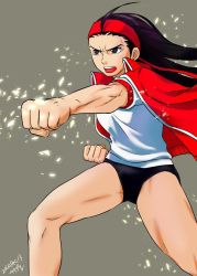 Rule 34 | 1girl, ahoge, artist name, black hair, brown eyes, capcom, forehead, groin tendon, gym uniform, hairband, iinchou (justice gakuen), jacket, jacket on shoulders, justice gakuen, legs, long hair, misodiru, punching, spread legs, thick thighs, thighs, track jacket