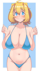 1girl absurdres ahoge alice_margatroid bikini blonde_hair blue_background blue_bikini blue_eyes blush breasts closed_mouth commentary_request cookie_(touhou) cowboy_shot hair_intakes hands_up highres large_breasts looking_at_viewer navel pyukasshori short_hair smile solo swimsuit touhou two-tone_background web_(cookie)