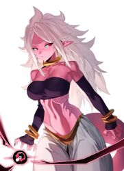 1girl absurdres android_21 black_nails bracelet breasts colored_skin commentary dragon_ball dragon_ball_fighterz earrings gold_bracelet highres hoop_earrings jewelry long_hair majin_android_21 midriff pink_skin pointy_ears red_eyes solo white_background white_hair zequung
