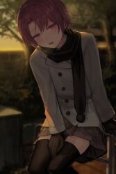 1boy black_gloves black_panties black_scarf black_thighhighs brown_skirt commentary crossdressing cum cum_on_body cum_on_clothes cum_on_legs ejaculation_under_clothes erection gloves grey_jacket highres jacket looking_at_viewer male_focus open_mouth original outdoors panties peacoat pink_eyes plaid_clothes plaid_skirt purple_hair scarf short_hair sitting skirt solo steaming_body sunaba_(nczd5875) symbol-only_commentary thighhighs trap underwear