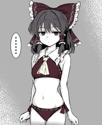 Rule 34 | ..., 1girl, adapted costume, ascot, bikini, bow, breasts, brown eyes, brown hair, closed mouth, commentary, cowboy shot, expressionless, frilled bow, frilled hair tubes, frills, grey background, hair bow, hair tubes, hakurei reimu, hatomehonpo, highres, jitome, long hair, looking at viewer, navel, red bikini, red bow, small breasts, solo, stomach, swimsuit, touhou, yellow ascot