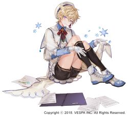 1boy black_shorts black_socks blonde_hair blue_eyes christmas colored_pencil full_body gloves hat heterochromia hwansang_jungdog king&#039;s_raid lucias_(king&#039;s_raid) official_alternate_costume official_art on_ground pencil purple_eyes sheet_music shirt shoes shorts sitting smile socks solo white_gloves white_hat white_shirt white_shoes