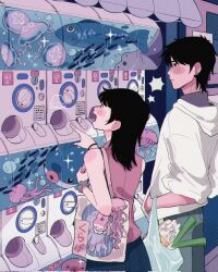 1boy 1girl analogous_colors aquarium bag bag_charm black_hair blush bracelet charm_(object) cheumi earrings fish_request from_behind from_side grocery_bag highres hood hood_down hoodie indoors jellyfish jewelry long_hair long_sleeves looking_at_another open_mouth original pants pointing profile shirt shopping_bag short_hair skirt sparkle spring_onion standing tote_bag