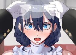1boy 1girl absurdres black_hair black_jacket blue_eyes blush bridal_veil bride commentary dress english_commentary fangs gloves highres hololive hololive_english jacket koizumi_arata open_mouth ouro_kronii teeth veil veil_lift virtual_youtuber white_dress white_gloves
