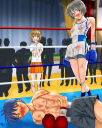 1boy 2girls blood boxing defeat femdom highres itaka875 mixed-sex_combat multiple_girls nosebleed reverse_ryona tagme