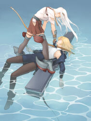 2girls afloat belt black_belt black_necktie black_pantyhose black_skirt black_thighhighs blonde_hair bomber_jacket bow_(weapon) breasts chinese_commentary closed_eyes commentary_request dress_shirt gloves hakama hakama_short_skirt hakama_skirt headband highres hip_vent historical_connection holding holding_bow_(weapon) holding_weapon hornet_(kancolle) jacket japanese_clothes kantai_collection long_hair medium_breasts multiple_girls necktie orange_headband pantyhose partially_fingerless_gloves partly_fingerless_gloves pencil_skirt red_hakama rigging riku-a rudder_footwear shirt shoukaku_(kancolle) skirt sleeveless sleeveless_shirt standing standing_on_liquid tasuki thighhighs very_long_hair weapon white_hair white_shirt yugake yumi_(bow)