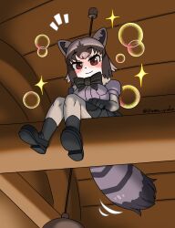 1girl absurdres animal_ears black_bow black_bowtie black_hair black_shoes black_skirt black_socks blue_sweater blush bow bowtie brown_eyes bubble common_raccoon_(kemono_friends) from_below fur_collar grey_hair grey_pantyhose hair_between_eyes highres itoma_yuko kemono_friends kemono_friends_3 loafers looking_at_viewer looking_down multicolored_hair pantyhose pleated_skirt puffy_short_sleeves puffy_sleeves raccoon_ears raccoon_girl raccoon_tail shoes short_hair short_sleeves sidelocks sitting sitting_on_log skirt smile socks solo sparkle sweater tail white_fur