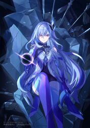 1girl artist_name black_hole dress genshin_impact gloves grey_hair hair_ornament highres kukatsuma long_hair looking_at_viewer purple_eyes purple_gloves purple_thighhighs skirk_(genshin_impact) solo thighhighs twitter_username very_long_hair