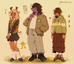 1other 2girls absurdres animal_ears antlers black_eyes black_hair black_shirt black_shoes blonde_hair brown_hair brown_shoes brown_skirt checkered_clothes checkered_sweater_vest checkered_vest chicheesticks claws collared_shirt colored_skin commentary deer_antlers deer_ears deer_girl deer_tail deltarune english_commentary frilled_skirt frills furry furry_female green_jacket green_sweater_vest grey_pants hair_over_eyes hand_in_pocket heart highres hood hoodie horns jacket kris_(deltarune) leg_warmers long_skirt medium_hair multiple_girls noelle_holiday pants pleated_skirt purple_skin reptile_girl shirt shoes short_hair single_horizontal_stripe skirt striped_clothes striped_hoodie susie_(deltarune) sweater_vest tail the_original_starwalker vest white_leg_warmers