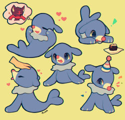 blue_eyes closed_eyes food foxlett game_freak gen_7_pokemon hat heart litten makizushi nintendo party_hat petting pokemon pokemon_(creature) popplio signature smile sushi yellow_background