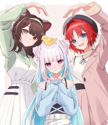 3girls :3 ange_katrina animal animal_ears animal_on_head arm_up bare_shoulders belt beret bird bird_on_head black_belt blue_eyes blue_hair blue_shirt blunt_bangs border braid braided_bun breasts brown_hair closed_mouth collar collared_shirt colored_inner_hair commentary_request dog_ears double_bun dress dress_over_shirt earrings gold_earrings green_hairband green_shirt grey_background grey_collar grey_hat hair_bun hair_intakes hair_ornament hairband hairclip hands_up haruwo hat heart_arms_trio heterochromia highres inui_toko jacket jewelry lapels lize_helesta long_hair long_sleeves looking_at_viewer medium_breasts multicolored_hair multiple_girls nijisanji notched_lapels off-shoulder_shirt off_shoulder official_alternate_costume on_head open_clothes open_jacket open_mouth outside_border pink_jacket pink_skirt pleated_dress red_eyes red_hair sanbaka_(nijisanji) sebastian_piyodore shirt shirt_tucked_in short_hair sidelocks single_earring single_off_shoulder skirt sleeveless sleeveless_shirt small_breasts smile streaked_hair teeth triangle_hair_ornament two-tone_hair upper_teeth_only very_long_hair virtual_youtuber white_belt white_border white_dress white_hair white_shirt yellow_bird yellow_eyes yellow_sleeve_cuffs