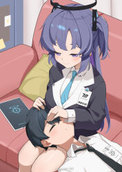 1boy 1girl absurdres black_halo blue_archive blue_necktie breast_rest breasts breasts_on_head closed_eyes couch face_to_breasts half-closed_eyes halo highres hoshi_kitsune id_card lap_pillow large_breasts long_hair long_sleeves lying mechanical_halo necktie on_back on_couch purple_eyes purple_hair red_pupils sensei_(blue_archive) sitting smile tablet_pc textless_version two_side_up yuuka_(blue_archive)