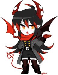 1girl ahoge belt black_belt black_hair black_shirt black_skirt boots brown_boots brown_socks buttons chibi chibi_only colored_extremities colored_skin demon_girl demon_horns demon_tail demon_wings full_body funamusea gallaxi genderswap genderswap_(mtf) grey_jacket hand_on_own_hip hand_up horns ivlis_(funamusea) jacket long_hair multicolored_hair pointy_ears red_hair red_hands red_scarf red_wings scarf shirt signature skirt socks solo streaked_hair tail transparent_background white_skin wings