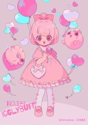 1girl balloon bow character_name creature_and_personification creatures_(company) dated dress eyes_visible_through_hair full_body game_freak gen_2_pokemon grey_background hair_bow heart highres holding holding_balloon igglybuff narumame nintendo one_eye_closed open_mouth personification pink_bow pink_dress pink_eyes pink_hair pink_shoes pokedex_number pokemon pokemon_(creature) puffy_short_sleeves puffy_sleeves shoes short_hair short_sleeves smile standing twitter_username white_legwear