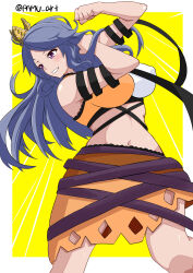Rule 34 | 1girl, absurdres, arm ribbon, arm up, breasts, chirizuka ubame, clenched hand, clenched hands, crown, flexing, fossilized wonders, headpiece, highres, orange skirt, pamu art, purple eyes, ribbon, skirt, smile, solo, touhou, yellow background