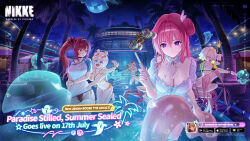 5girls alternate_costume artist_request bikini blonde_hair blue_eyes braid braided_ponytail breasts centi_(nikke) centi_(ocean_repair)_(nikke) closed_mouth commentary cruise_ship dorothy_(nikke) dorothy_(serendipity)_(nikke) dress dress_swimsuit elegg_(boom_and_shock)_(nikke) elegg_(nikke) english_commentary english_text eyewear_on_head frown ghost gloves goddess_of_victory:_nikke hair_intakes heart heart-shaped_eyewear highres holding holding_swim_ring holding_tower_viewer innertube large_breasts lifebuoy long_hair looking_at_another medium_hair multiple_girls night official_alternate_costume open_mouth outdoors palm_tree partially_submerged pink_hair ponytail pool purple_eyes rapi_(nikke) rapi_(red_hood)_(nikke) rapi_(red_hood)_(red_flavor)_(nikke) red_bikini red_eyes red_hair scared second-party_source shirt short_sleeves smile sunglasses swim_ring swimsuit t-shirt tongue tove_(nikke) tove_(sunblaze)_(nikke) tower_viewer tree wet wet_clothes wet_shirt white_bikini white_dress yellow_bikini