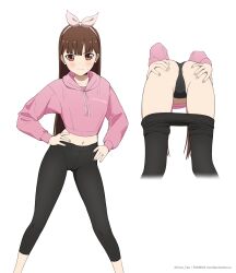 1girl absurdres anus anus_peek ass bent_over black_panties black_pants blush bow_hairband brown_eyes brown_hair closed_mouth coro_fae grabbing_own_ass hairband hands_on_own_hips highres hood hoodie iino_miko kaguya-sama_wa_kokurasetai_~tensai-tachi_no_renai_zunousen~ long_hair looking_at_viewer multiple_views navel panties pants pink_hairband pink_hoodie sweat underwear yoga_pants