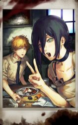 1boy 1girl absurdres aegyo_sal apron black_camisole black_choker black_hair black_necktie black_pants blonde_hair blood blood_stain book booth_seating breast_pocket camisole chainsaw_man chewing chinese_commentary choker clothes_pin collarbone collared_shirt commentary cup curry curry_rice denji_(chainsaw_man) drink eating egg_yolk eraser food food_on_face fried_rice green_eyes hair_between_eyes highres holding holding_spoon long_bangs looking_at_viewer marker medium_hair napkin nazo_no_hito necktie notebook open_book open_mouth painting_(object) pants pencil photo_(medium) pocket red_eyes restaurant reze_(chainsaw_man) rice rice_on_face shirt short_hair sitting sleeves_rolled_up spaghetti_strap spill spoon table teeth tic-tac-toe updo upper_teeth_only v white_apron white_shirt window