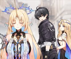 1boy 2girls breast_curtains cartethyia_(wuthering_waves) colored_inner_hair crown_of_thorns distracted_boyfriend_(meme) fleurdelys_(wuthering_waves) foxyreine highres horns long_horns male_rover_(wuthering_waves) meme multicolored_hair multiple_girls pointy_ears rover_(wuthering_waves) single_horn tabard white_tabard wuthering_waves yellow_horns