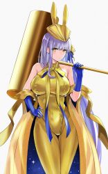 1girl absurdres animal_ears animal_hat bare_shoulders bb_(fate) blush breasts fate/grand_order fate_(series) gold_leotard gold_ribbon golden_bb_(fate) hair_ribbon hat heart highres kine kugiseiichi large_breasts leotard long_hair looking_at_viewer mallet pantyhose purple_hair rabbit_ears rabbit_hat ribbon solo thighs white_background yellow_eyes yellow_pantyhose