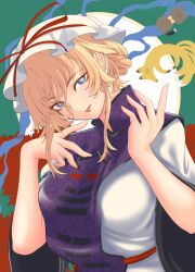 Rule 34 | 1girl, blonde hair, blue eyes, breasts, cat, chen, chen (cat), dated, dress, floral background, fox, hand up, hat, highres, large breasts, lipstick, long hair, looking at viewer, makeup, mob cap, mole, mole above eye, mole under mouth, multiple tails, open mouth, purple tabard, red lips, short sleeves, slit pupils, smile, soretsu nitohei, tabard, tail, touhou, upper body, white dress, yakumo ran, yakumo ran (fox), yakumo yukari