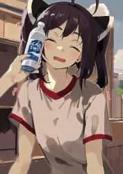 2girls ahoge blue_sky blush bottle bottle_to_cheek brown_hair character_request closed_eyes cloud commentary_request day grey_shirt gym_shirt headgear highres holding holding_bottle lamb_(hitsujiniku) multiple_girls open_mouth outdoors pocari_sweat shirt short_sleeves sky touhoku_kiritan trembling twintails upper_body voiceroid wavy_mouth