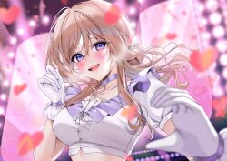 1girl absurdres blurry blurry_background blush breasts brown_hair choker clumsy_trick_(idolmaster) collar commentary_request contrast_collar cropped_shirt gakuen_idolmaster gloves half-heart_hands heart highres himesaki_rinami idol_clothes idolmaster large_breasts long_hair looking_at_viewer official_alternate_costume purple_choker purple_collar purple_eyes shirt short_sleeves smile solo upper_body white_gloves white_shirt yuuyu_(moco20111115)