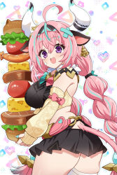 1girl ahoge animal_ears aqua_hair ass bell black_headband black_skirt blush breasts burger cheese commentary_request cow_ears cow_girl cow_horns cow_tail cowbell detached_sleeves ear_bell food from_behind genshin_impact hair_between_eyes headband heart highres holding holding_burger holding_food horns large_breasts lettuce long_hair looking_at_viewer looking_back miniskirt multicolored_hair neon_ui open_mouth pink_hair purple_eyes sausage single_thighhigh skirt solo streaked_hair tail teeth thighhighs tomato upper_teeth_only varesa_(genshin_impact) very_long_hair white_thighhighs yellow_sleeves