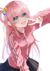 1girl :d absurdres black_skirt blue_eyes bocchi_the_rock! cube_hair_ornament cyan_paint gotoh_hitori hair_between_eyes hair_ornament highres jacket long_hair long_sleeves looking_at_viewer open_mouth pink_hair pink_jacket skirt smile solo sweatdrop track_jacket w white_background