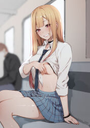 1boy 1girl black_choker black_necktie blonde_hair blue_skirt blurry blurry_background bracelet breasts choker clothes_lift doehorn ear_piercing flashing grin highres jewelry kitagawa_marin lifting_own_clothes long_hair looking_at_viewer medium_breasts navel necktie piercing plaid_clothes plaid_skirt public_indecency red_eyes school_uniform shirt shirt_lift sitting skirt smile solo_focus sono_bisque_doll_wa_koi_wo_suru teeth thighs train_interior white_shirt