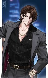 1boy artist_name beard_stubble black_shirt brown_hair chain chain_bracelet chain_necklace coat collarbone commentary english_commentary facial_hair gallagher_(honkai:_star_rail) grey_coat grey_pants hand_in_pocket highres honkai:_star_rail honkai_(series) jewelry male_focus moonimu_art mustache_stubble necklace pants red_eyes shirt stubble watch watermark wristwatch