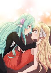 2girls ahoge aqua_eyes aqyas_muzamil blonde_hair bloom clothes_grab commentary dress english_commentary eye_contact finana_ryugu fins fiverr_commission flower formal_clothes green_hair hair_flower hair_ornament hairband head_fins highres long_hair looking_at_another millie_parfait multiple_girls necktie necktie_grab neckwear_grab nijisanji nijisanji_en parted_lips purple_eyes red_dress sequins sleeveless sleeveless_dress suit virtual_youtuber white_hairband yuri