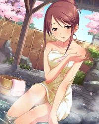 10s 1girl artist_request bare_shoulders body_blush brown_eyes brown_hair cherry_blossoms female_focus highres idolmaster idolmaster_cinderella_girls jpeg_artifacts looking_at_viewer mifune_miyu naked_towel official_art parted_lips sitting soaking_feet solo spa towel waifu2x wash_cloth washpan water wet