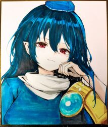 1girl blue_dress blue_hair closed_mouth commentary_request dress hair_between_eyes hat highres iizunamaru_megumu long_hair looking_at_viewer marker_(medium) mikan_(manmarumikan) pointy_ears red_eyes shikishi solo tokin_hat touhou traditional_media upper_body