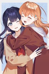 Rule 34 | 2girls, :d, ;d, ^ ^, absurdres, blue background, blue eyes, blue hair, blush, brown cardigan, brown dress, cardigan, closed eyes, commentary, crossed bangs, diagonal-striped background, dkou, double-parted bangs, dress, hair intakes, hair ornament, half updo, hand on another&#039;s hip, hasu no sora school uniform, highres, hinoshita kaho, hug, link! like! love live!, long hair, long sleeves, looking at another, love live!, mole, mole on neck, multiple girls, murano sayaka, neckerchief, one eye closed, open cardigan, open clothes, open mouth, orange hair, pleated dress, rabbit hair ornament, red neckerchief, sailor collar, sailor dress, school uniform, smile, striped background, two side up, virtual youtuber, white sailor collar, winter uniform