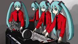 4girls aiu404l aqua_eyes aqua_hair black_necktie clock clone closed_mouth collared_shirt commentary derivative_work dress_shirt english_commentary expressionless grey_pants hair_ornament hatsune_miku highres kraftwerk long_hair long_sleeves mixing_console multiple_girls necktie pants pixel_art red_shirt second-party_source shirt standing twintails very_long_hair vocaloid