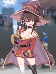 Rule 34 | 1girl, :d, absurdres, asymmetrical legwear, bandaged leg, bandages, belt, black thighhighs, blue sky, blush, breasts, brown hair, camera, cape, chipa (arutana), clothes pull, cloud, commentary request, cosplay, day, disembodied hand, dress, dress pull, fingerless gloves, gloves, hat, highres, holding, holding camera, holding staff, kono subarashii sekai ni shukufuku wo!, looking at viewer, megumin, megumin (cosplay), mismatched legwear, nipples, open mouth, original, outdoors, red dress, red eyes, short hair, short hair with long locks, single thighhigh, sky, smile, solo focus, staff, standing, taking picture, thighhighs, tongue, v, wardrobe malfunction, witch hat