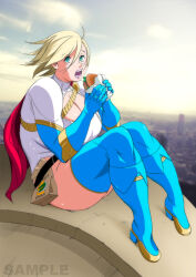 1girl belt blonde_hair blush boots breasts burger cape city cleavage cleavage_cutout clothing_cutout dc_comics eiden elbow_gloves gloves green_eyes highres huge_breasts leotard outdoors power_girl sitting solo thick_thighs thigh_boots thighhighs thighs wind