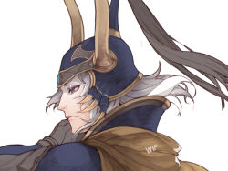 1boy fake_horns final_fantasy final_fantasy_i gold_trim grey_hair helmet hiryuu_(kugelcruor) horned_helmet horns male_focus medium_hair parted_bangs plume profile purple_eyes solo unfinished upper_body warrior_of_light_(ff1) white_background yellow_cloak