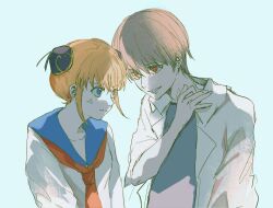 Rule 34 | 1boy, 1girl, anger vein, blue background, blue eyes, blue sailor collar, brown hair, bun cover, chinese commentary, closed mouth, commentary request, gintama, grey shirt, grin, highres, jacket, kagura (gintama), long sleeves, neckerchief, okita sougo, open clothes, open jacket, orange hair, red eyes, red neckerchief, sailor collar, shirt, short hair, simple background, smile, tuitangguxuanshou, upper body, white jacket, white shirt