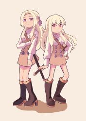 Rule 34 | 2girls, absurdres, boots, closed mouth, commentary request, edelgard von hresvelg, fire emblem, fire emblem: three houses, full body, hair intakes, hand on own hip, high heel boots, high heels, highres, light frown, light smile, long hair, lysithea von ordelia, matching outfits, multiple girls, nintendo, ponzuponta39, purple eyes, red eyes, simple background, standing, white background, white hair