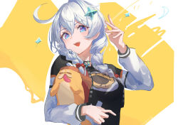 1girl absurdres ahoge animal black_jacket black_shirt breasts chinese_commentary commentary_request hair_ornament highres holding holding_animal honkai:_nexus_anima honkai_(series) jacket kiana_kaslana kiana_kaslana_(honkai:_nexus_anima) long_hair looking_at_viewer medium_breasts open_mouth shirt solo star-shaped_pupils star_(symbol) star_hair_ornament symbol-shaped_pupils teeth upper_body upper_teeth_only white_hair xianluojimaomao2333 yellow_background