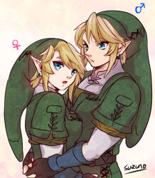 1boy 1girl blonde_hair blue_eyes breasts closed_mouth earrings fingerless_gloves genderswap genderswap_(mtf) gloves jewelry link long_hair looking_at_viewer nintendo open_mouth pointy_ears simple_background suzuno_(kazahanasu) the_legend_of_zelda white_background