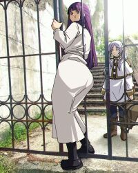 2girls :t artist_name ass ass_focus blunt_bangs bright_pupils capelet commentary dress elf fence fern_(sousou_no_frieren) frieren full_body gold_trim green_eyes highres holding holding_suitcase inconvenient_ass inkspirate long_hair long_sleeves looking_at_another multiple_girls outdoors pantyhose photo_background pointy_ears pout purple_eyes purple_hair shirt sleeve_cuffs sousou_no_frieren striped_clothes striped_shirt suitcase twintails twitter_username twitter_x_logo white_capelet white_dress white_hair white_pupils