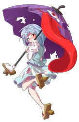 1girl alphes_(style) aqua_shirt aqua_vest back blue_eyes blue_hair blush breasts commentary_request dairi defeat full_body geta half-closed_eyes heterochromia highres holding holding_umbrella karakasa_obake large_variant_set long_sleeves looking_at_viewer parody purple_umbrella red_eyes shirt short_hair simple_background skirt solo style_parody tachi-e tatara_kogasa torn_clothes touhou transparent_background umbrella variant_set white_shirt
