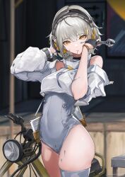 1girl artist_name bare_shoulders blurry blurry_background bracelet character_request copyright_request cowboy_shot cropped_jacket detached_sleeves dirty dirty_face fingerless_gloves gloves grey_hair grey_leotard hair_between_eyes hair_ornament hairclip half_gloves handlebar headset high_collar highleg highleg_leotard highres holding holding_wrench jacket jewelry leotard looking_at_viewer marumoru mechanic motor_vehicle motorcycle short_hair single_thighhigh solo table thighhighs tools twitter_username white_jacket wrench yellow_eyes