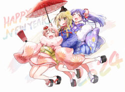 3girls blonde_hair blue_kimono blush closed_eyes commentary_request english_text floral_print floral_print_kimono flower full_body hair_flower hair_ornament happy_new_year hinata_yukari holding holding_umbrella ichii_yui japanese_clothes kimono long_hair long_sleeves low_twintails multiple_girls new_year nonohara_yuzuko oil-paper_umbrella okobo open_mouth pink_hair pink_kimono platform_sandals ponytail print_kimono purple_hair sandals short_hair short_kimono smile socks tatsunokosso twintails umbrella white_socks wide_sleeves yellow_eyes yuyushiki