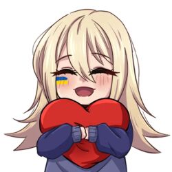 1girl blonde_hair blush closed_eyes facepaint hair_between_eyes happy heart heart-shaped_pillow henna_(hentaiukr) hentaiukr holding holding_heart korzynka_persykiv long_hair non-web_source off_shoulder open_mouth own_hands_clasped own_hands_together pillow purple_sweater smile solo sticker sweater tongue transparent_background ukrainian_flag