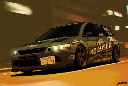artist_name car grey_car highres license_plate mitsubishi_lancer_evolution mitsubishi_motors motion_blur motor_vehicle nale_gunn night no_humans original outdoors shutokou_battle shutokou_battle_(2025) sticker vehicle_focus wagon